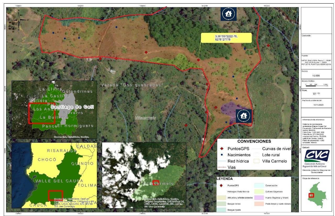 Plano de propiedad donde se ven 8 fuentes naturales de agua indicadas y los linderos de la finca de 14,7 hectáreas